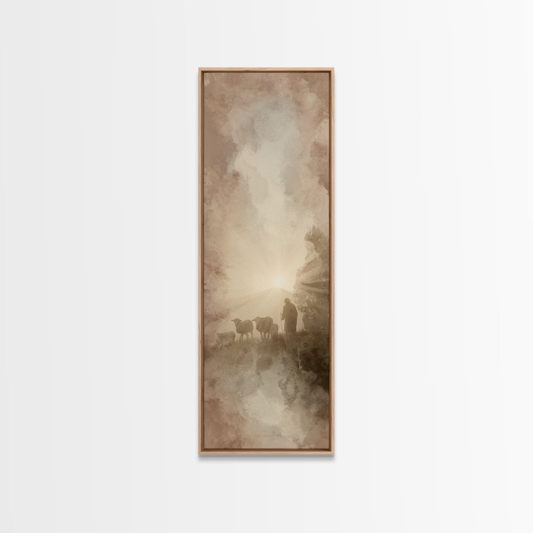 Dawn Of The Flock, Framed Canvas Print, Narrow Art, Christian Wall Art, Christian Art Canvas, Jesus Painting, Christmas Art