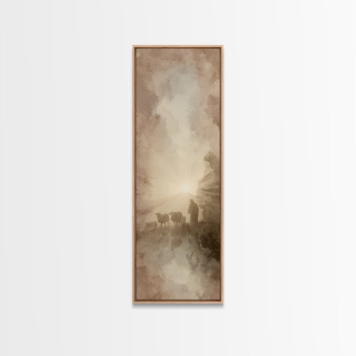 Dawn Of The Flock, Framed Canvas Print, Narrow Art, Christian Wall Art, Christian Art Canvas, Jesus Painting, Christmas Art