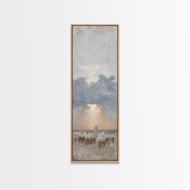 Morning Shepherd Grace – Framed Canvas Print – Tall Skinny Art Print – Christian Painting – Christian Art Canvas – Christmas Art