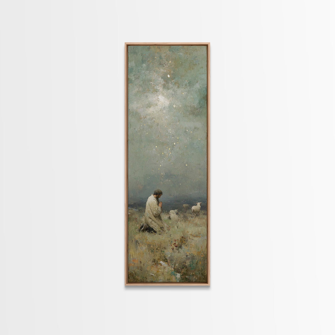 Kneeling In Faith, Framed Canvas Print, Narrow Art, Christian Art Canvas, Christian Wall Art, Jesus Painting, Christmas Art