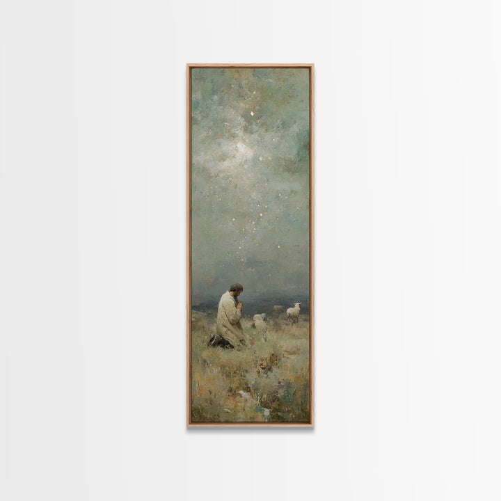 Kneeling In Faith, Framed Canvas Print, Narrow Art, Christian Art Canvas, Christian Wall Art, Jesus Painting, Christmas Art