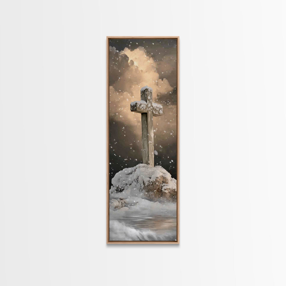 Icy Cross Radiance – Framed Canvas Print – Narrow Art – Christian Art Work – Christian Wall Art – Christian Christmas Art – Christian Paint