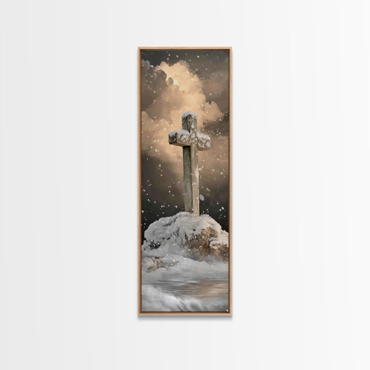 Icy Cross Radiance – Framed Canvas Print – Narrow Art – Christian Art Work – Christian Wall Art – Christian Christmas Art – Christian Paint