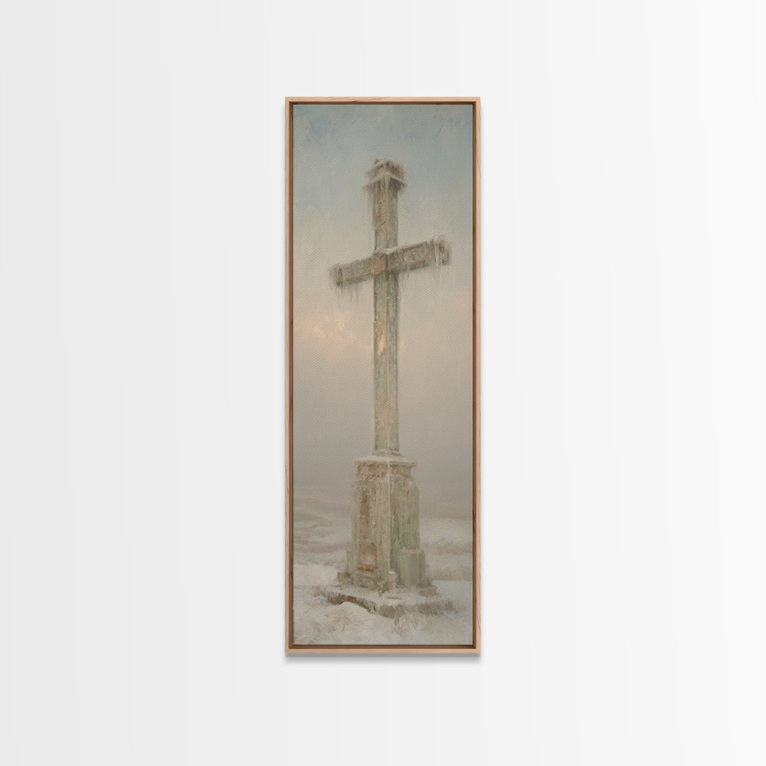 Winter Dawn Cross – Framed Canvas Print – Tall Skinny Art Print – Christian Wall Art – Christian Paintings – Christian Art Canvas – Christm