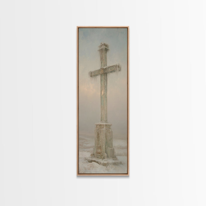 Winter Dawn Cross – Framed Canvas Print – Tall Skinny Art Print – Christian Wall Art – Christian Paintings – Christian Art Canvas – Christm