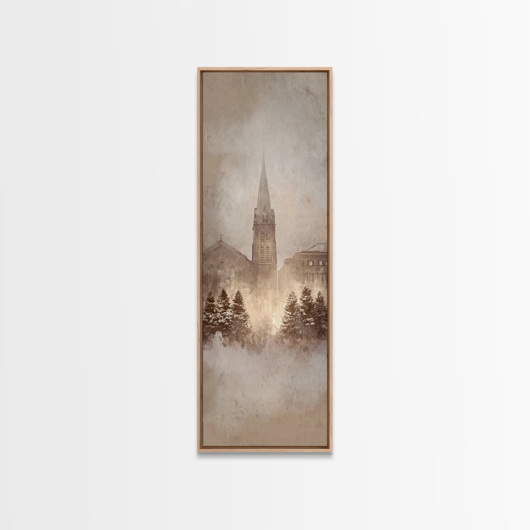 Frosted Chapel Dawn - Framed Canvas Print - Christian Christmas Art - Christian Wall Art - Skinny Art - Christian Art Gift - Vintage Christ
