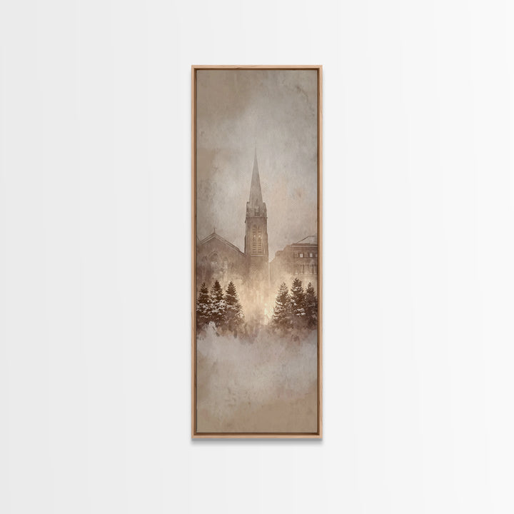 Frosted Chapel Dawn - Framed Canvas Print - Christian Christmas Art - Christian Wall Art - Skinny Art - Christian Art Gift - Vintage Christ
