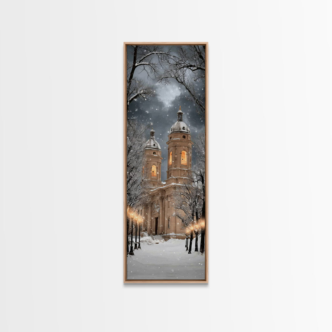 Snowfall Cathedral Peace - Framed Canvas Print - Christian Wall Art - Tall Skinny Art Print - Christian Art Canvas - Christmas Art Work - F