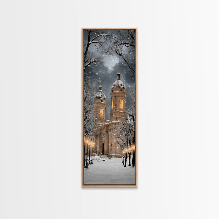 Snowfall Cathedral Peace - Framed Canvas Print - Christian Wall Art - Tall Skinny Art Print - Christian Art Canvas - Christmas Art Work - F