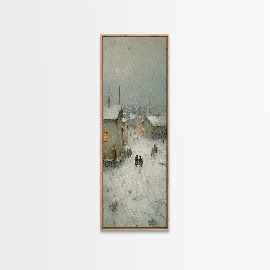 Snowy Village Path - Framed Canvas Print - Christian Wall Art - Skinny Art - Christmas Art Prints - Christian Art Canvas - Vintage Christma