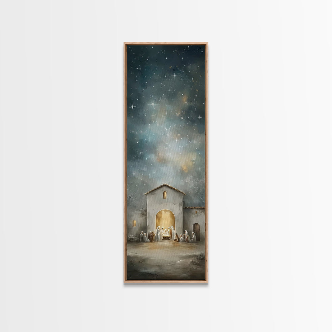Holy Night Gathering – Framed Canvas Print – Christian Wall Art – Christmas Art – Christian Art Canvas – Tall Skinny Art Print