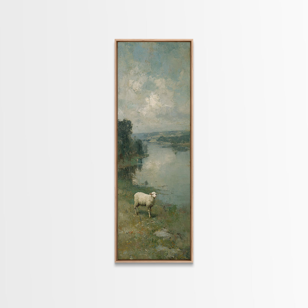 Riverbank White Lamb | Framed Canvas Print | Christian Art Canvas | Christian Wall Art | Skinny Art | Vintage Christian Art | Christian Dec