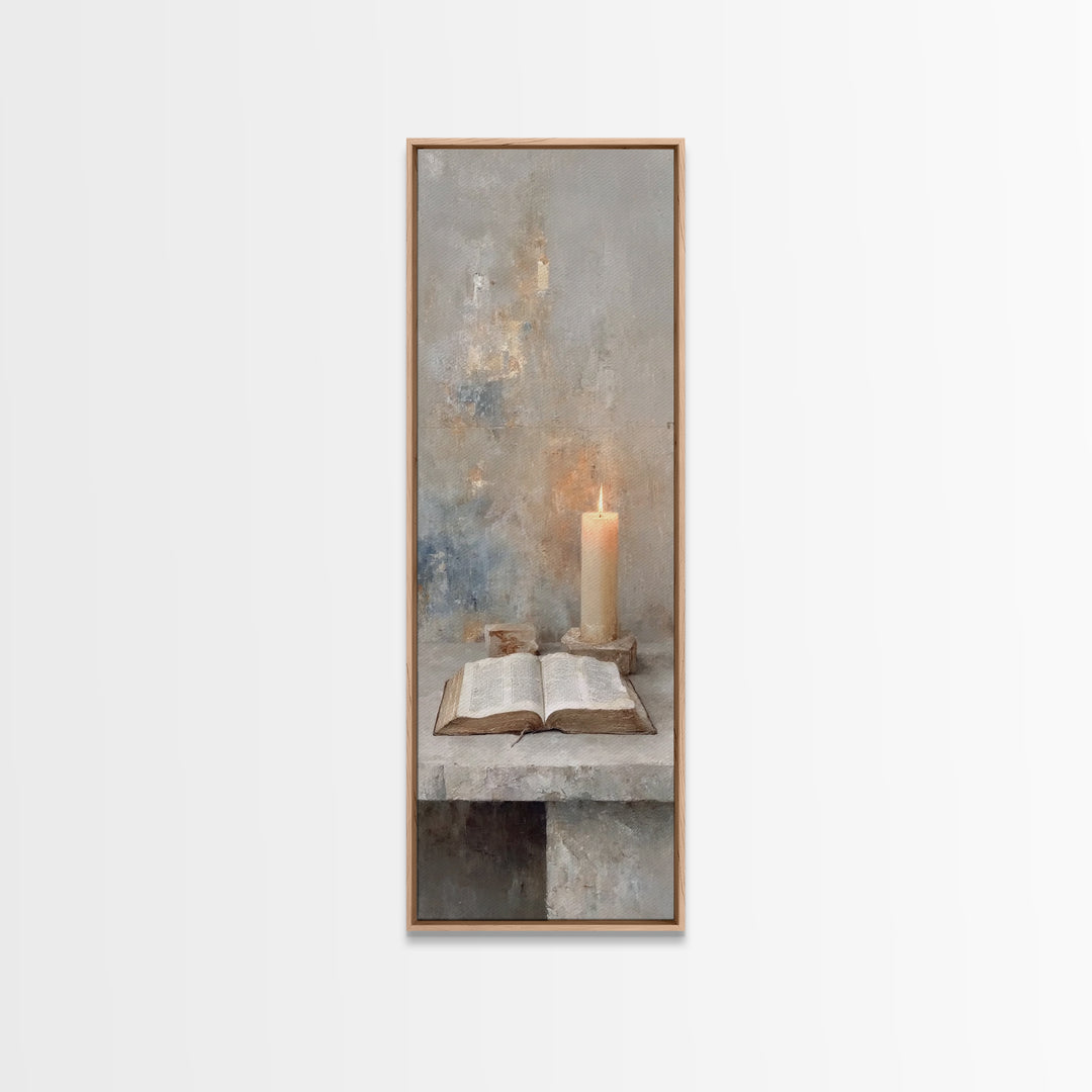 Quiet Scripture Flame – Framed Canvas Print – Narrow Art – Christian Painting – Christian Wall Art – Christian Art Gift – Modern Christian