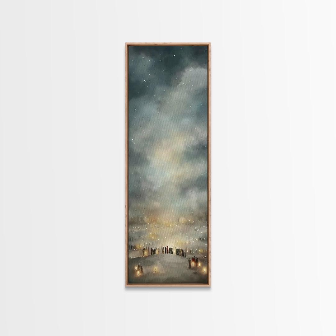 Night Of Many Lights | Framed Canvas Print | Narrow Art | Christian Art Print | Christian Wall Art | Christian Christmas Art | Jesus Art