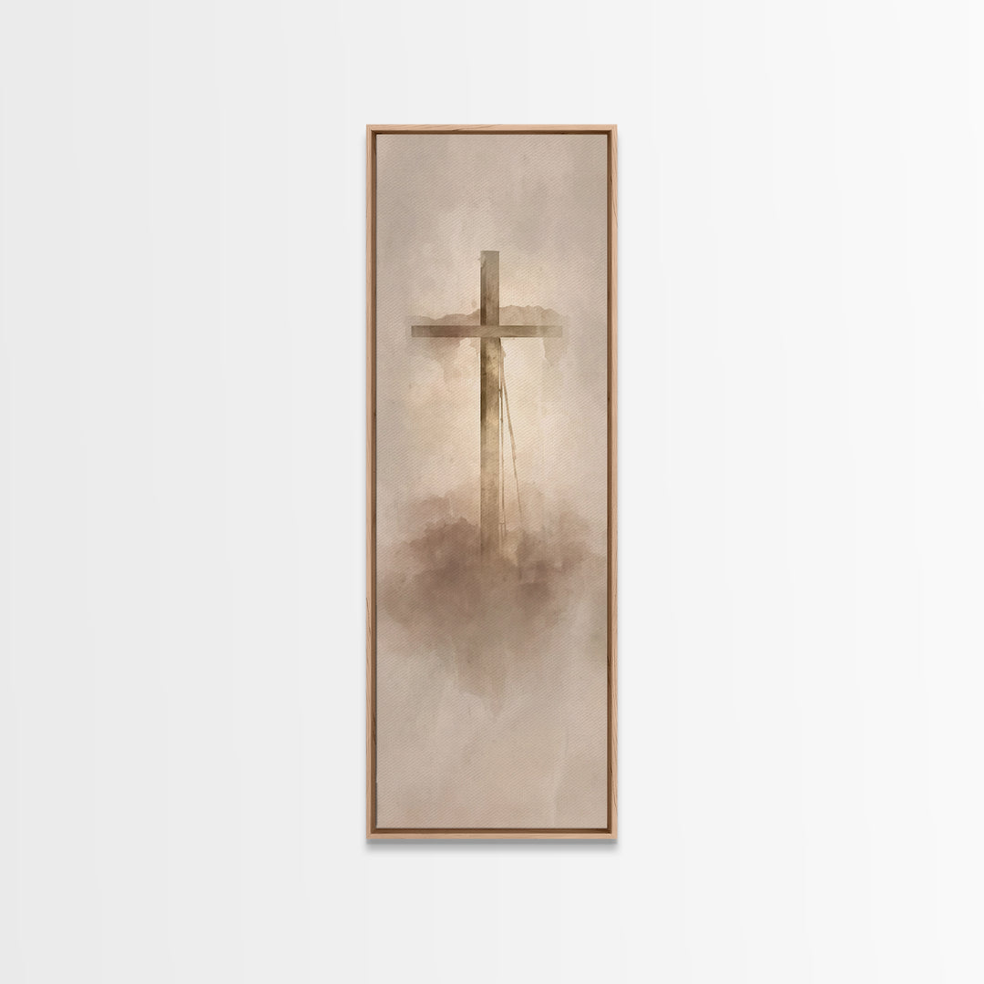 Cross In The Mist, Framed Canvas Print, Tall Skinny Art Print, Christian Art Canvas, Christian Wall Art, Christian Art Work, Christian Deco