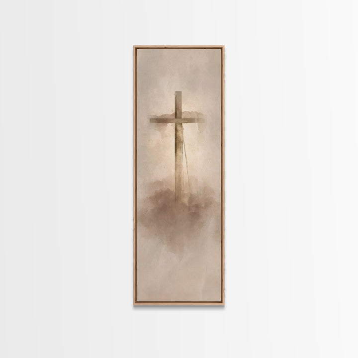 Cross In The Mist, Framed Canvas Print, Tall Skinny Art Print, Christian Art Canvas, Christian Wall Art, Christian Art Work, Christian Deco