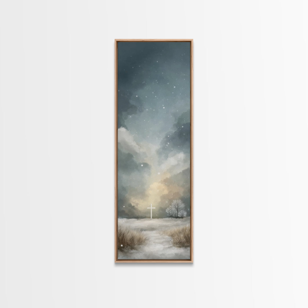 Sacred Hill Glow – Framed Canvas Print – Christian Wall Art – Jesus Painting – Tall Narrow Wall Art – Christian Art Canvas – Christmas Art