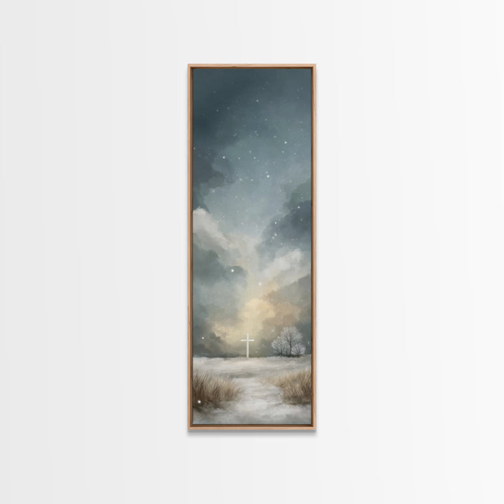 Sacred Hill Glow – Framed Canvas Print – Christian Wall Art – Jesus Painting – Tall Narrow Wall Art – Christian Art Canvas – Christmas Art