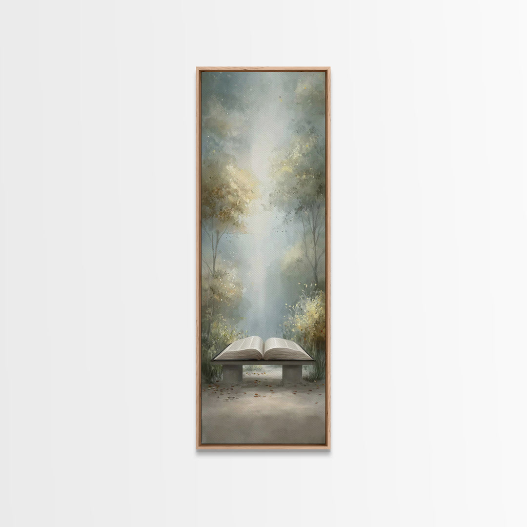 Sacred Forest Reading – Framed Canvas Print – Christian Wall Art – Christian Painting – Narrow Art – Christian Art Canvas – Christian Decor
