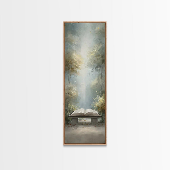 Sacred Forest Reading – Framed Canvas Print – Christian Wall Art – Christian Painting – Narrow Art – Christian Art Canvas – Christian Decor