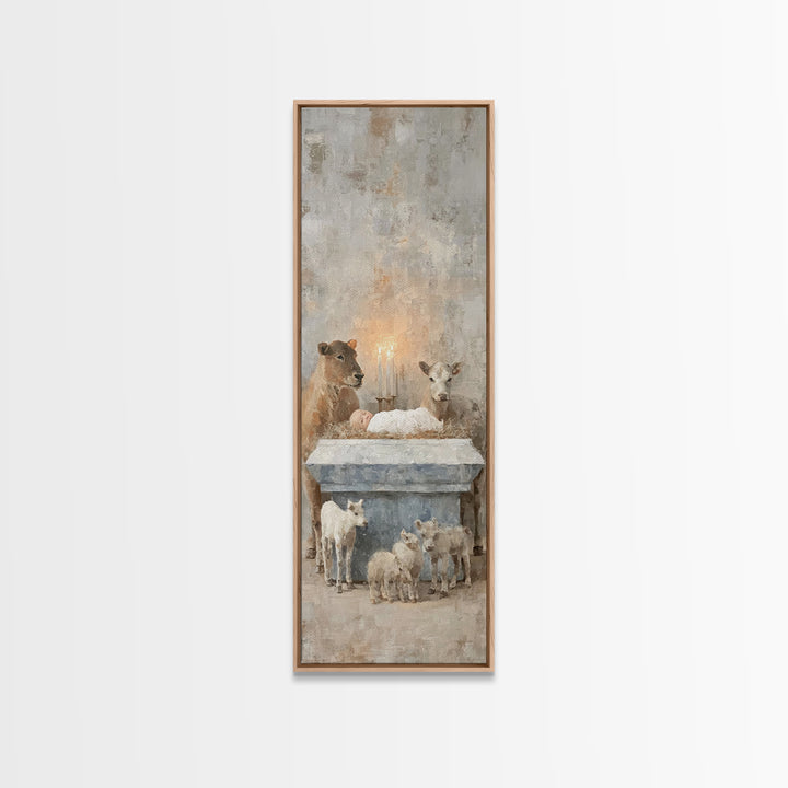 Serene Manger Hope – Framed Canvas Print – Christian Wall Art – Jesus Painting – Christmas Art – Narrow Art – Christian Art Canvas