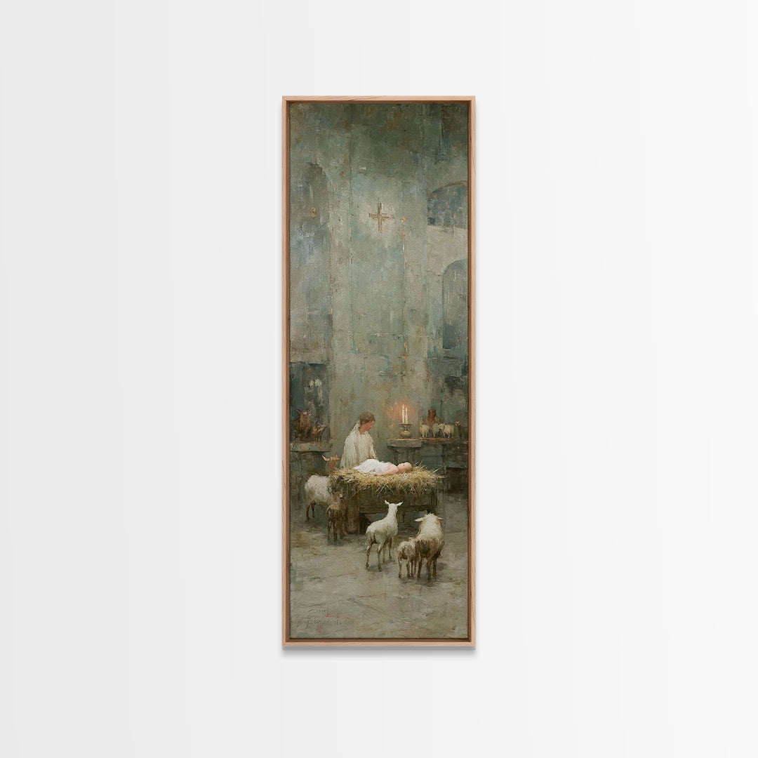 Quiet Nativity Glow | Framed Canvas Print | Christian Art Work | Modern Christian Art | Tall Narrow Wall Art | Christmas Art | Jesus Wall A