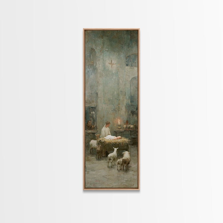 Quiet Nativity Glow | Framed Canvas Print | Christian Art Work | Modern Christian Art | Tall Narrow Wall Art | Christmas Art | Jesus Wall A