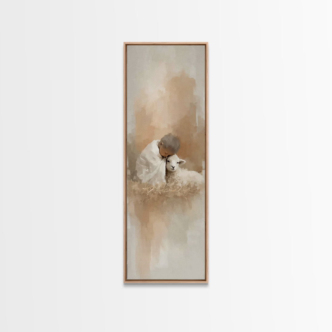 Tender Lamb Mercy, Framed Canvas Print, Christian Art Canvas, Christian Christmas Art, Narrow Art, Christian Gift, Jesus Art Print