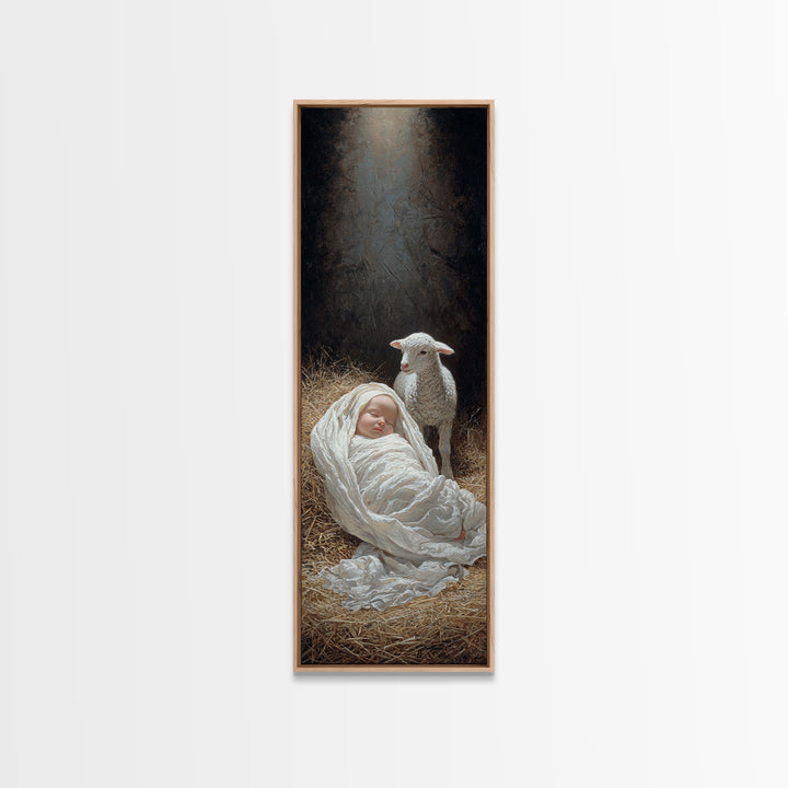 Radiant Manger Blessing, Framed Canvas Print, Christian Art Print, Christmas Art, Narrow Art, Jesus Christmas Art, Christian Wall Art