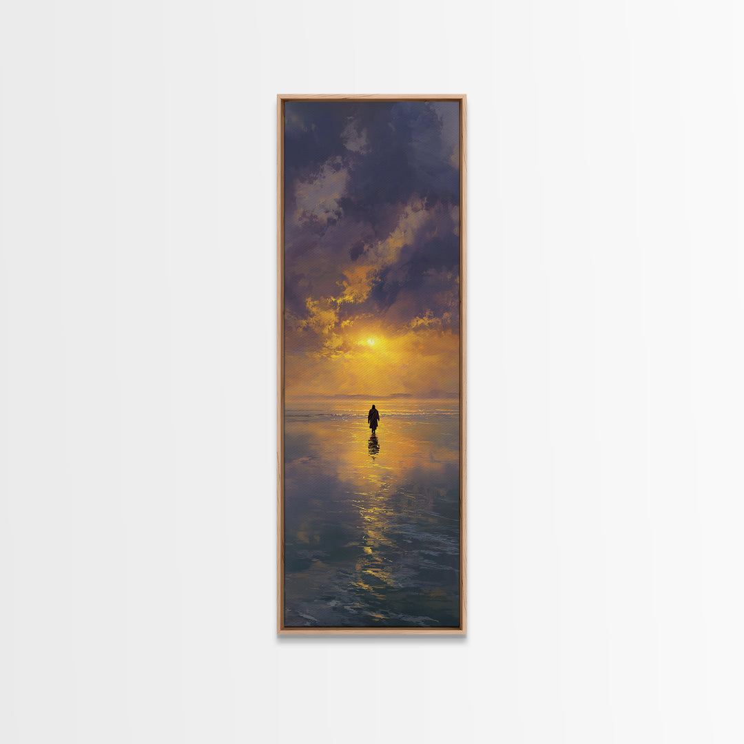 Golden Horizon Walk | Framed Canvas Print | Tall Skinny Art Print | Jesus Painting | Christian Wall Art | Christian Art Canvas | Christian