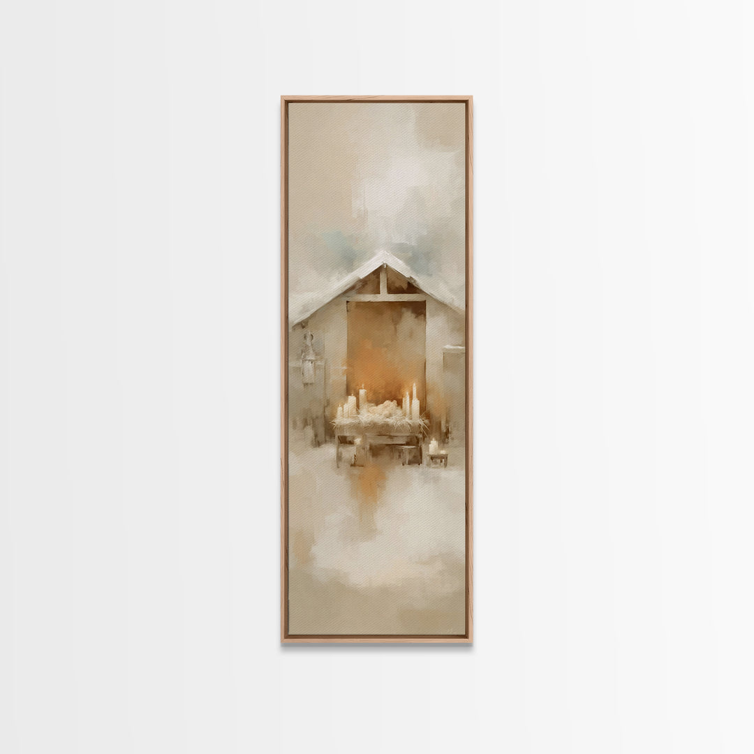 Humble Nativity Peace – Framed Canvas Print – Christian Art Work – Christmas Wall Art – Modern Christian Art – Narrow Art