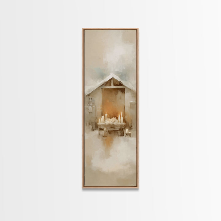Humble Nativity Peace – Framed Canvas Print – Christian Art Work – Christmas Wall Art – Modern Christian Art – Narrow Art
