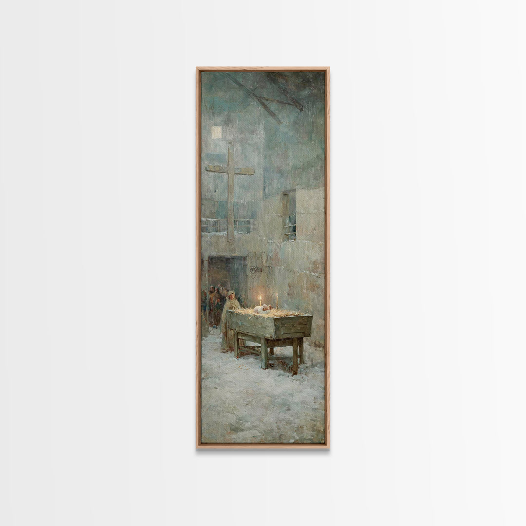 Soft Manger Dawn – Framed Canvas Print – Christian Art Canvas – Christmas Art – Subtle Christian Art – Tall Narrow Wall Art