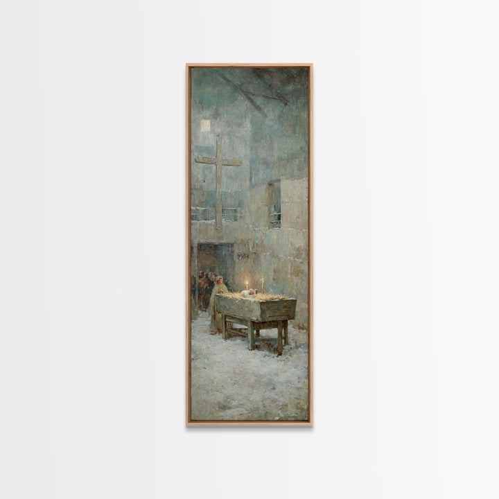 Soft Manger Dawn – Framed Canvas Print – Christian Art Canvas – Christmas Art – Subtle Christian Art – Tall Narrow Wall Art