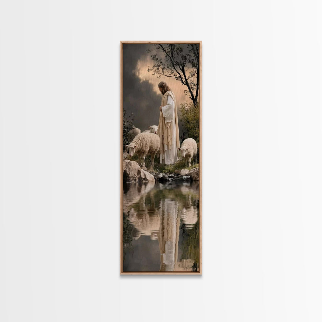 Shepherd’s Calm Grace – Framed Canvas Print – Christian Wall Art – Jesus Painting – Christian Art Canvas – Tall Narrow Wall Art – Christian