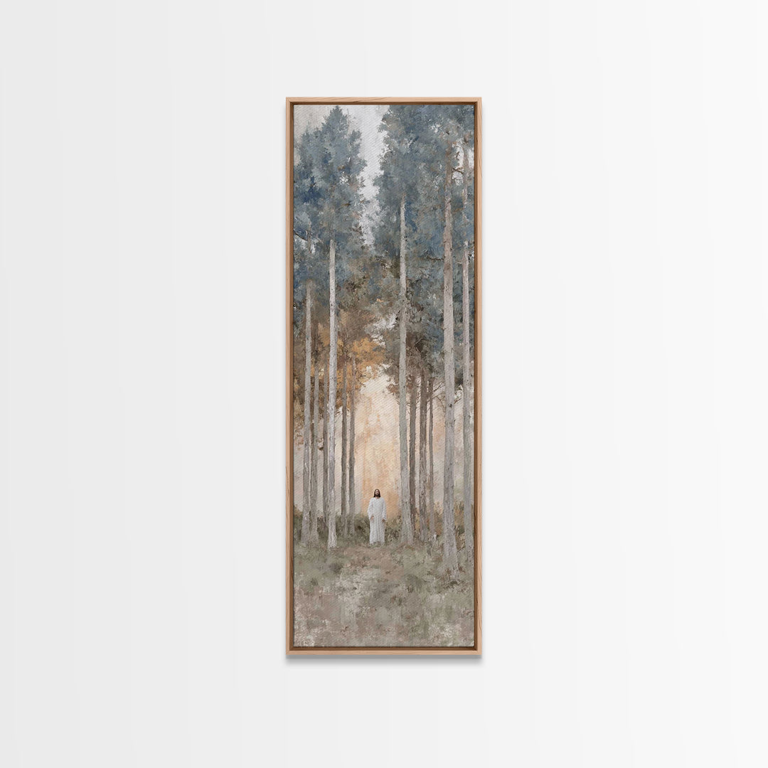 Light Through The Pines, Framed Canvas Print, Christian Art Canvas, Christian Wall Art, Jesus Painting, Skinny Art, Christian Christmas Art