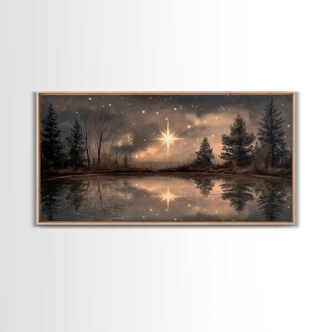 Night Star Reflection, Framed Canvas Print, Christian Art Canvas, Christmas Wall Art, Christian Christmas Art, Moody Christmas Art, Christi