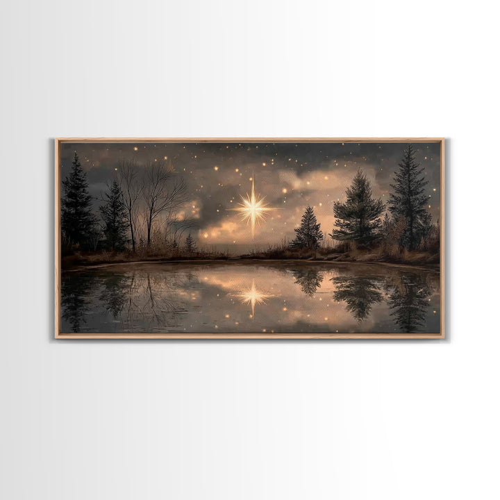 Night Star Reflection, Framed Canvas Print, Christian Art Canvas, Christmas Wall Art, Christian Christmas Art, Moody Christmas Art, Christi