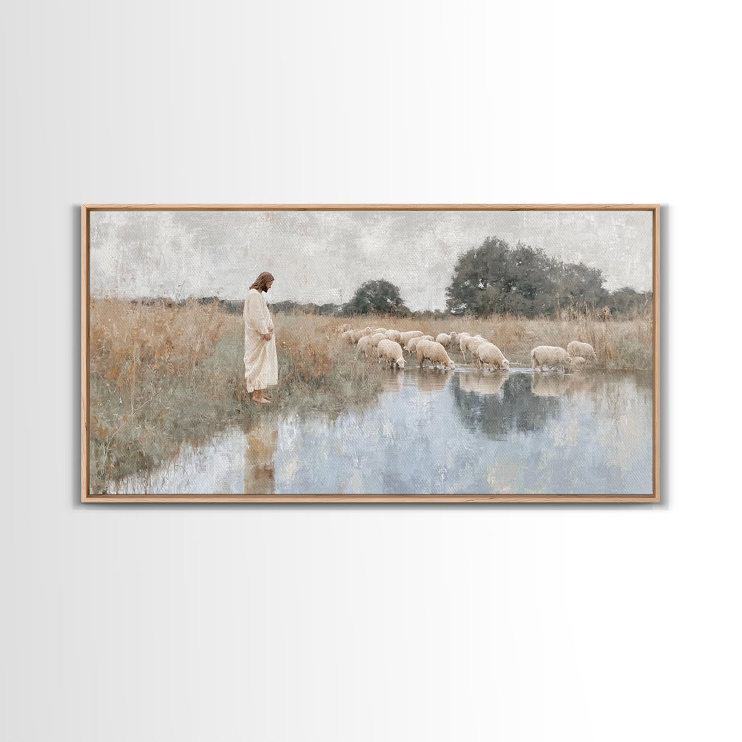 Gentle Shepherd Light – Framed Canvas Print – Christian Wall Art – Jesus Painting – Christian Art Canvas – Pastoral Scenery – Christian Chr