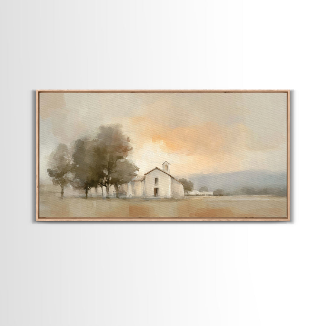 Chapel At Dawn – Framed Canvas Print – Christian Wall Art – Minimalist Christian Art – Christian Art Canvas – Modern Christian Painting – P