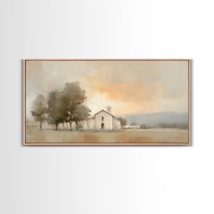 Chapel At Dawn – Framed Canvas Print – Christian Wall Art – Minimalist Christian Art – Christian Art Canvas – Modern Christian Painting – P