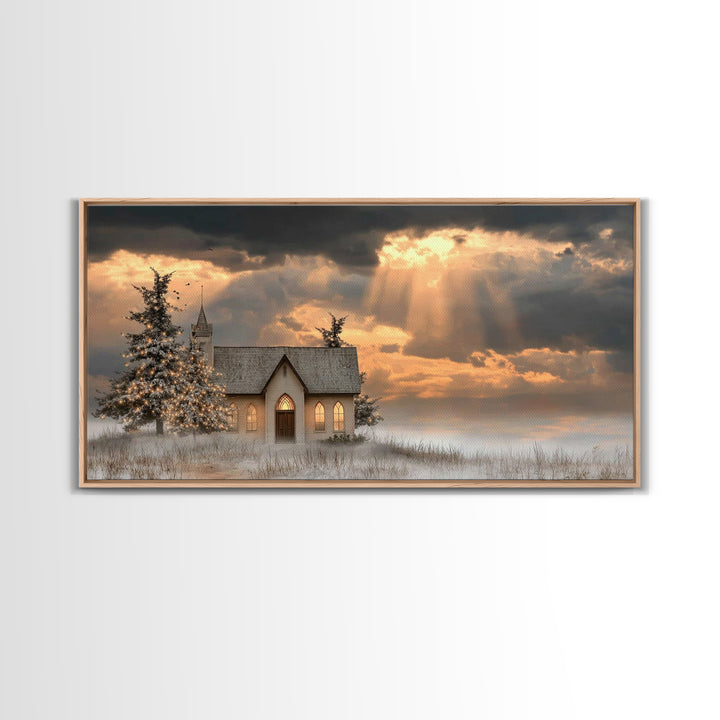 Light Of The Chapel – Framed Canvas Print – Christmas Art – Christian Christmas Art – Christian Wall Art – Christian Art Canvas – Winter Ch
