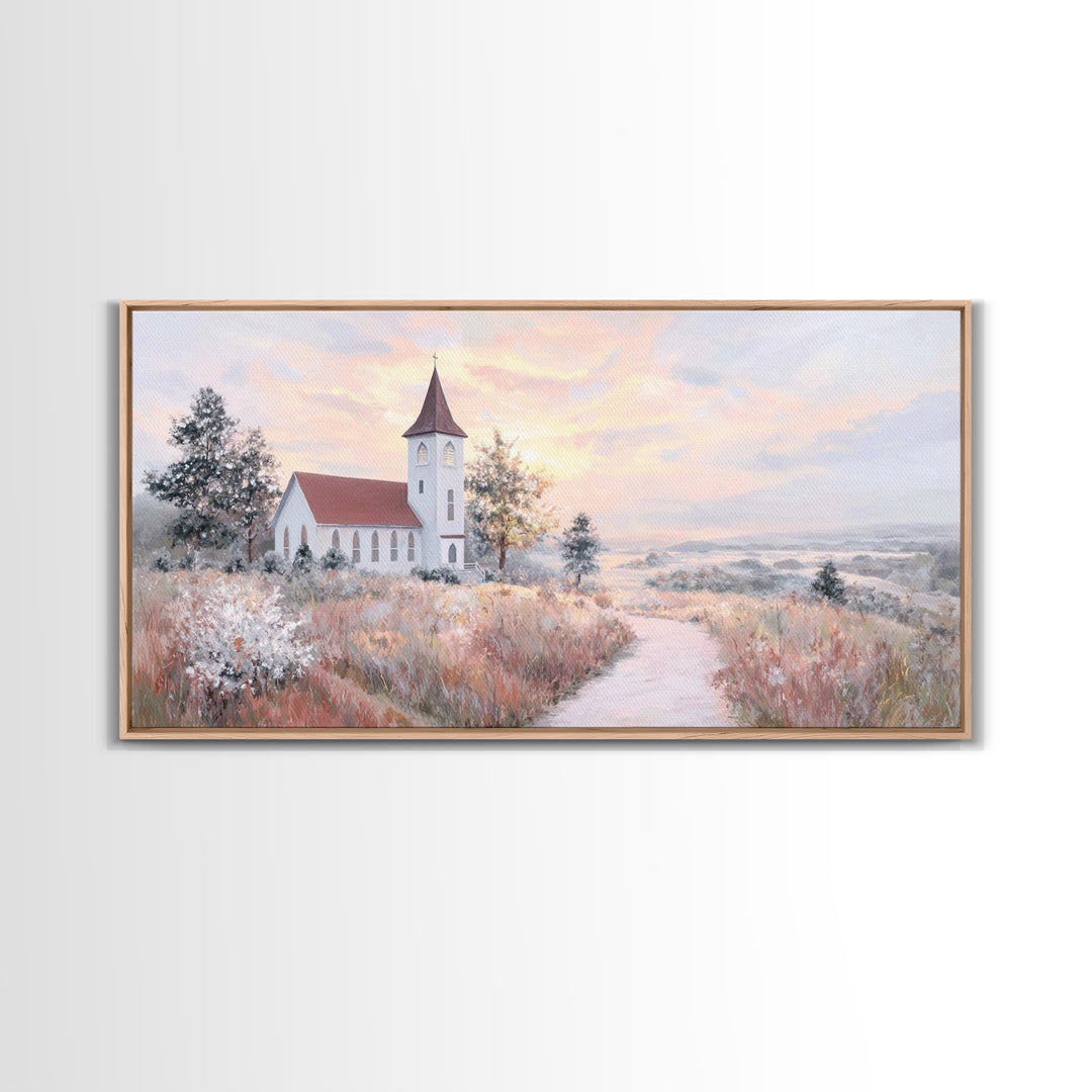 Sunrise Church Path – Framed Canvas Print – Christian Wall Art – Christian Art Canvas – Christian Art Work – Large Christian Art – Subtle C