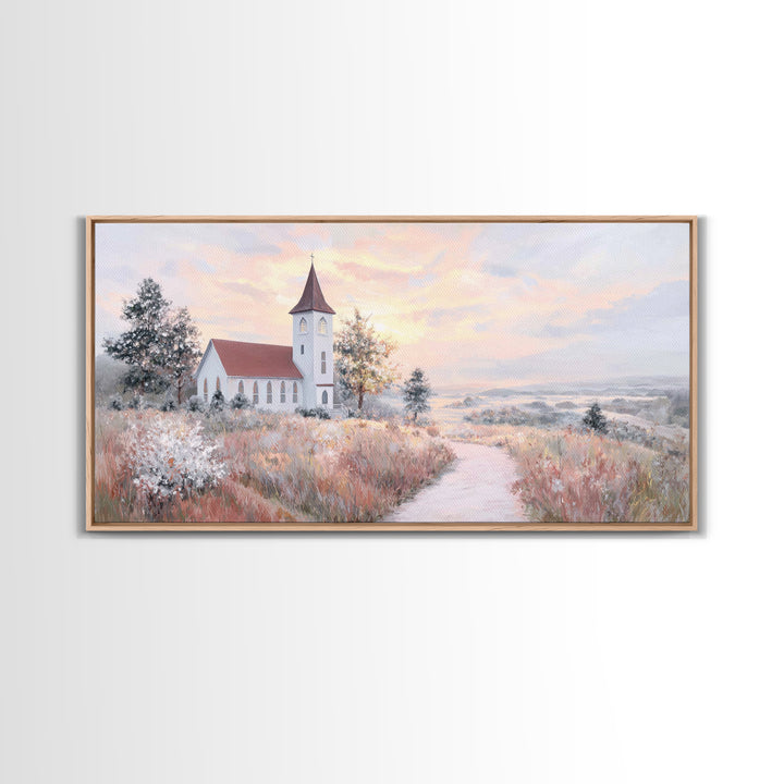 Sunrise Church Path – Framed Canvas Print – Christian Wall Art – Christian Art Canvas – Christian Art Work – Large Christian Art – Subtle C