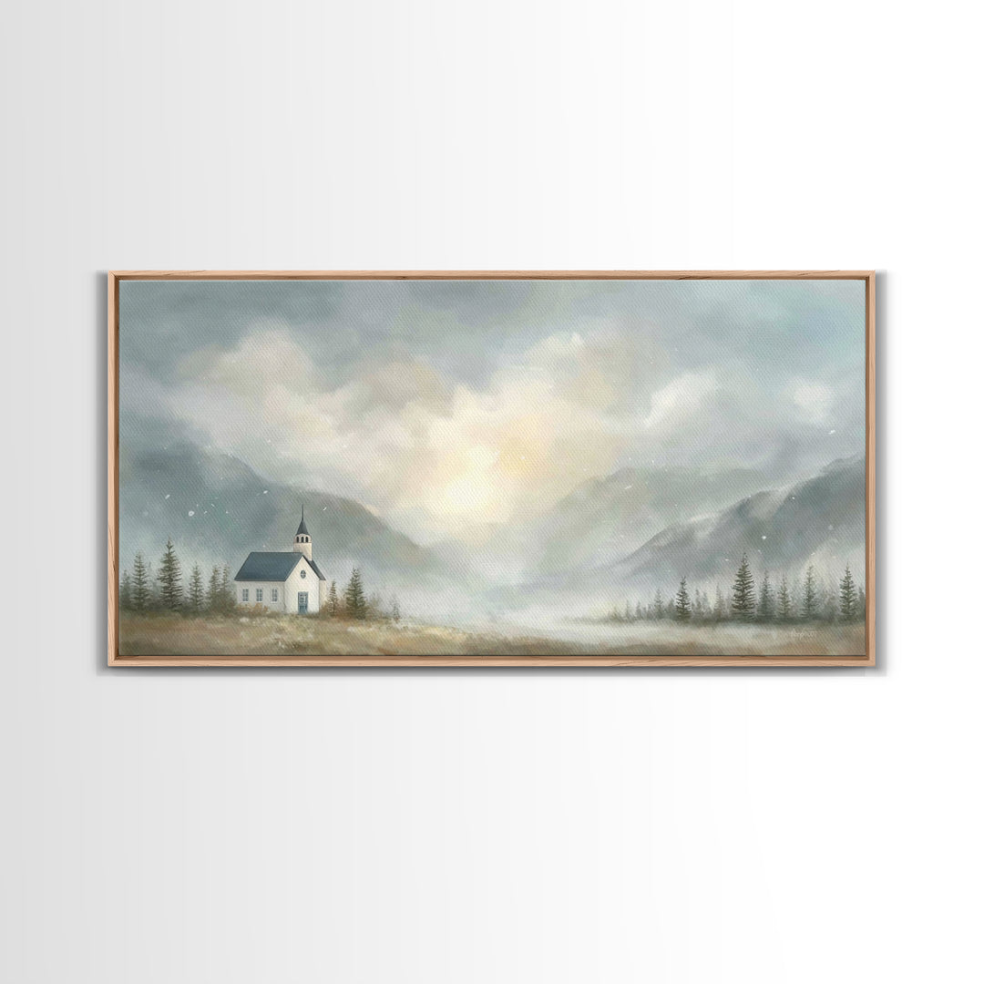 Mountain Chapel Light – Framed Canvas Print – Christian Art Canvas – Christian Wall Art – Moody Christian Art – Christian Painting – Modern
