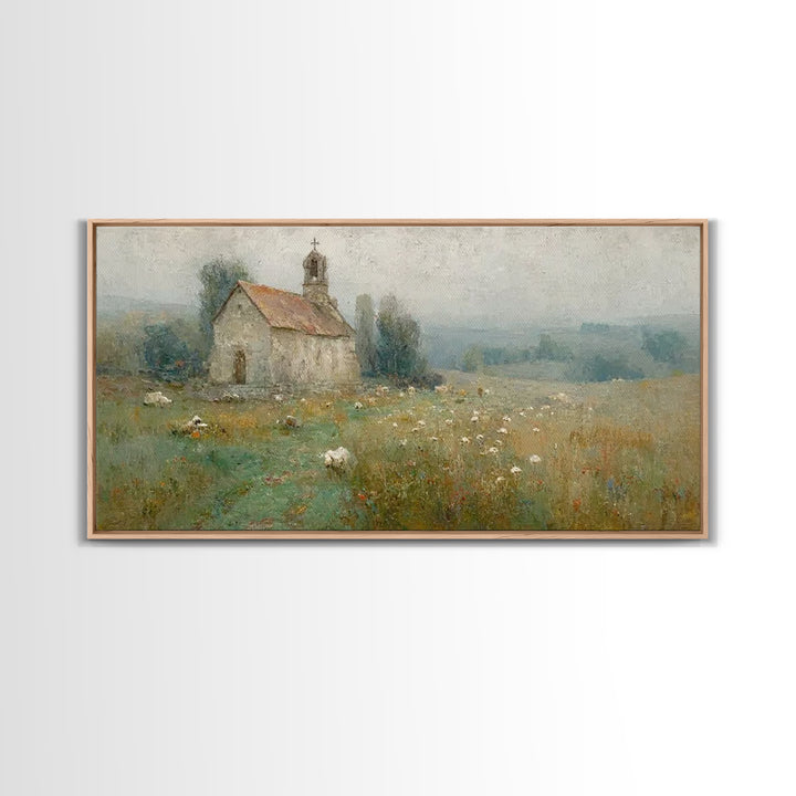Quiet Chapel Meadow – Framed Canvas Print – Christian Art Canvas – Vintage Christian Art – Christian Painting – Christian Wall Art – Christ
