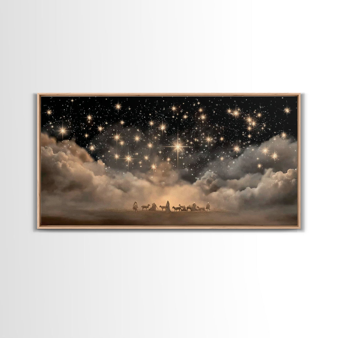 Nativity Night – Framed Canvas Print – Christian Art Canvas – Christmas Art Work – Christian Wall Art – Moody Christmas Art