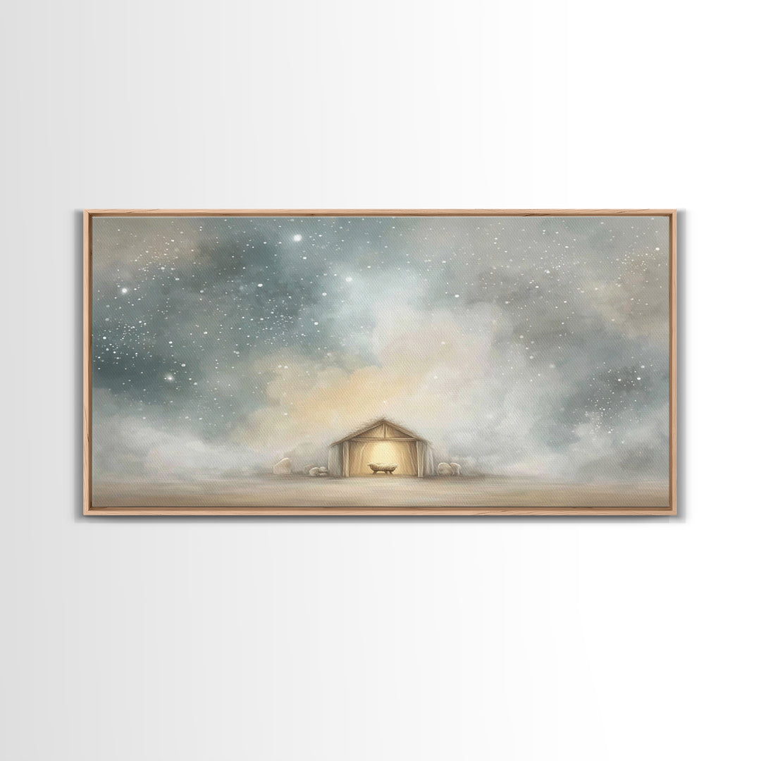 Manger Under Heaven, Framed Canvas Print, Christian Art Canvas, Christmas Art, Christian Christmas Art, Christian Wall Art