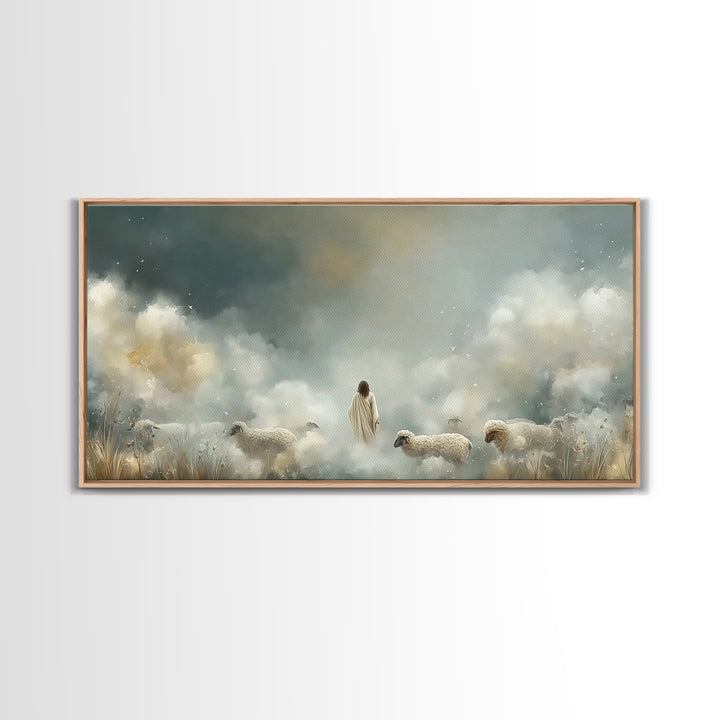 Heavenly Shepherd Light – Framed Canvas Print – Christian Wall Art – Jesus Painting – Christian Art Canvas – Christmas Art – Christian Deco
