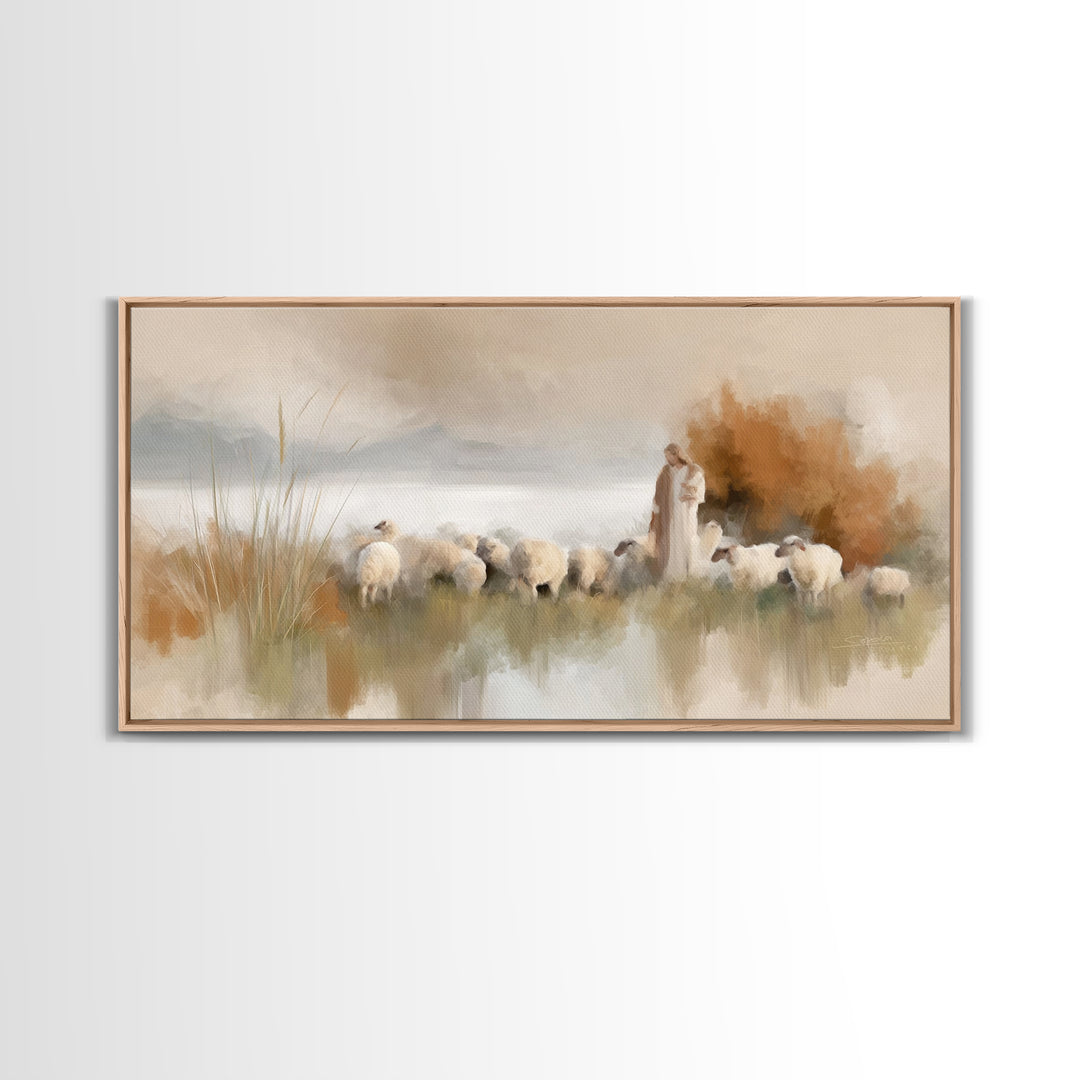 Hillside Shepherd Calm | Framed Canvas Print | Christian Art Canvas | Christian Wall Art | Jesus Painting | Christian Christmas Art | Uniqu
